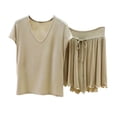 thumbnail image 1 of TEAJOPSUU Women's Pajama Set V-Neck Short Sleeve Sleepwear Top with Ruffle Hem Drawstring Waist Shorts Soft Lounge Set A-Beige, 1 of 5