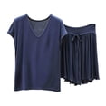 thumbnail image 1 of TEAJOPSUU Women's Pajama Set V-Neck Short Sleeve Sleepwear Top with Ruffle Hem Drawstring Waist Shorts Soft Lounge Set A-Blue, 1 of 5