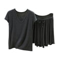 thumbnail image 1 of TEAJOPSUU Women's Pajama Set V-Neck Short Sleeve Sleepwear Top with Ruffle Hem Drawstring Waist Shorts Soft Lounge Set A-Dark Gray, 1 of 5