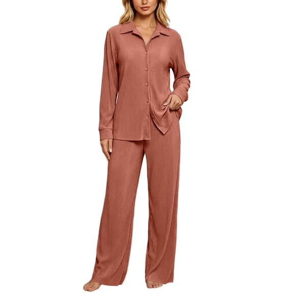 TEAJOPSUU Women's Pajama Sets Long Sleeve Button Down Soft Knit Sleepwear 2 Piece Lounge Set Outfits Coffee