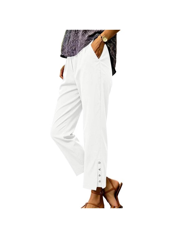 Women's Pants with Pockets High Waist Elastic Waist Straight Leg Pants Casual Side Slit Hem Ankle Length Comfy Daily Trousers White