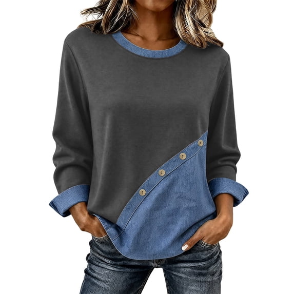 Patchwork TEAJOPSUU Women's Patchwork Tops Causal Long Sleeve Crew Neck Shirts ...
