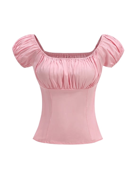Women's Pinup Shirt 1950S Vintage Rockabilly Puff Sleeve Ruched Blouse Off Shoulder Tops,Pink