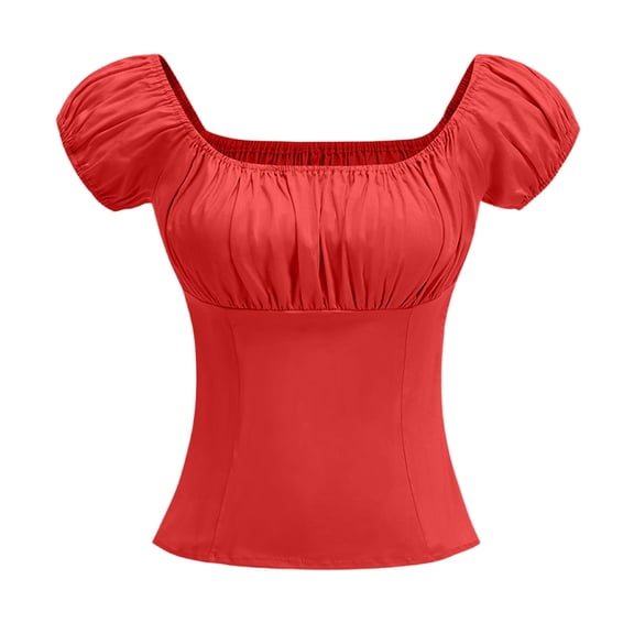 TEAJOPSUU Women's Pinup Shirt 1950S Vintage Rockabilly Puff Sleeve Ruched Blouse Off Shoulder Tops,Red