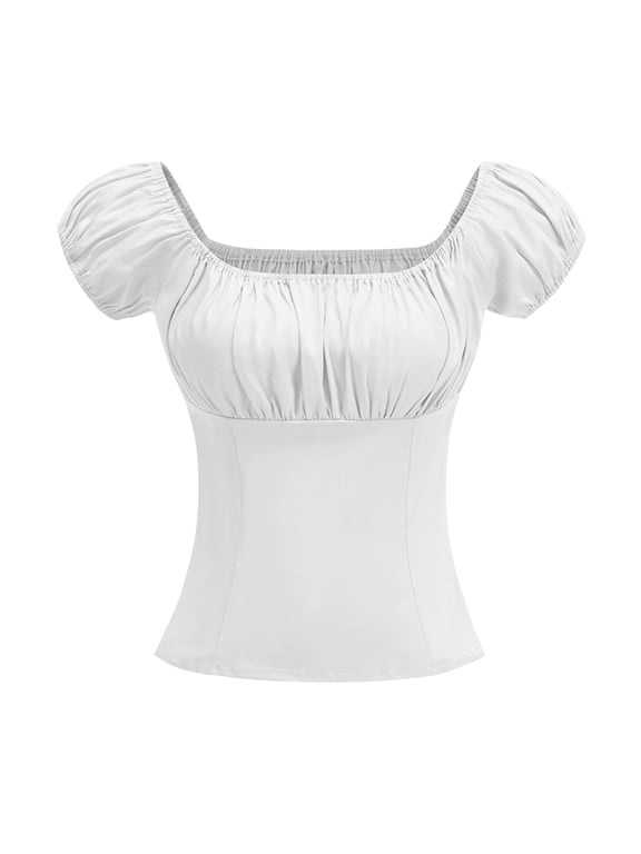 Women's Pinup Shirt 1950S Vintage Rockabilly Puff Sleeve Ruched Blouse Off Shoulder Tops,White