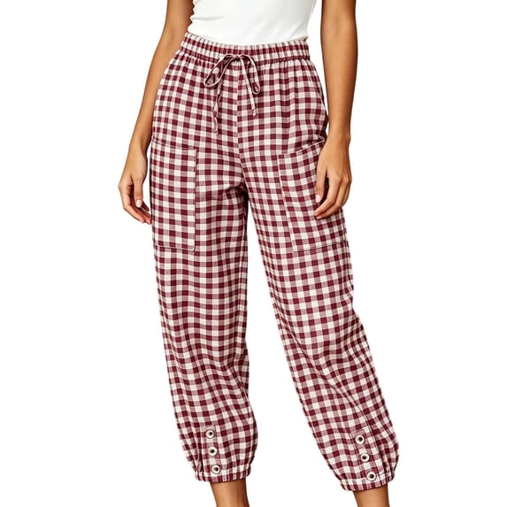 TEAJOPSUU Women's Plaid Cropped Pants Drawstring Elastic Waist Tapered Trousers with Pockets Gingham Casual Lounge Streetwear Burgundy