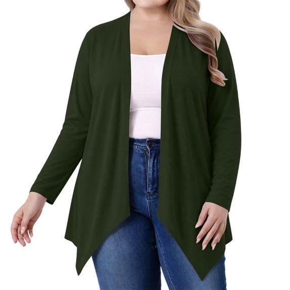 TEAJOPSUU Women's Plus Size Cardigans Asymmetrical Hem Long Sleeve Open Front Sweater Casual Relaxed Fit Draped Cardigan Sweater Green