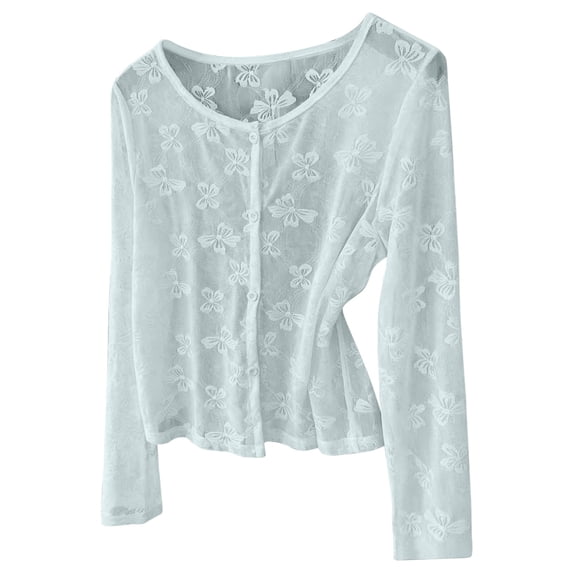 TEAJOPSUU Women's Plus Size Floral Cardigans Lace Breathable Button Down Sweater Long Sleeve Cropped Coverup Cardigans L-5XL Light Blue