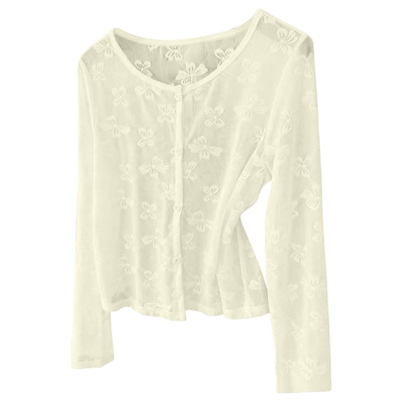 TEAJOPSUU Women's Plus Size Floral Cardigans Lace Breathable Button Down Sweater Long Sleeve Cropped Coverup Cardigans L-5XL Yellow