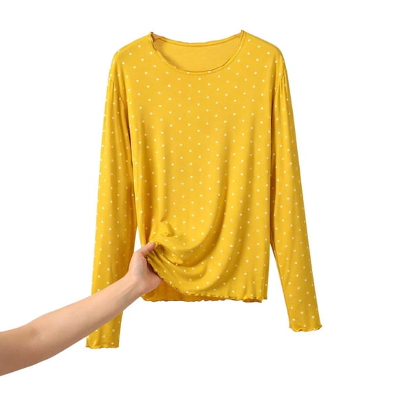 TEAJOPSUU Women's Plus Size Long Sleeve Pajama Top Polka Dot Sleepwear Shirt Crew Neck Loungewear Shirt with Ruffle Trim Yellow
