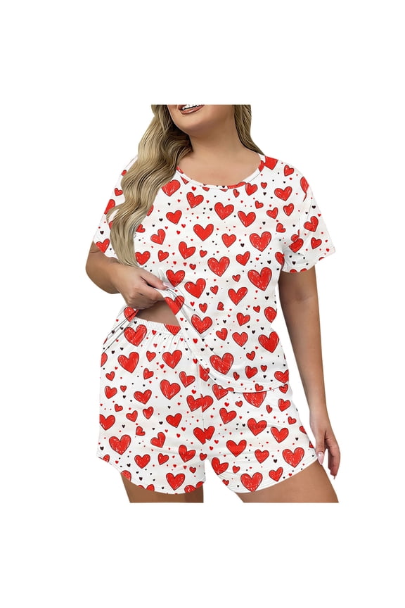 Women's Plus Size Printed Pajama Set Short Sleeve Pajamas Soft Comfy Lounge Sets Casual Crew Neck Sleepwear Matching Elastic Waist Shorts 2 Piece Loungewear I-Red