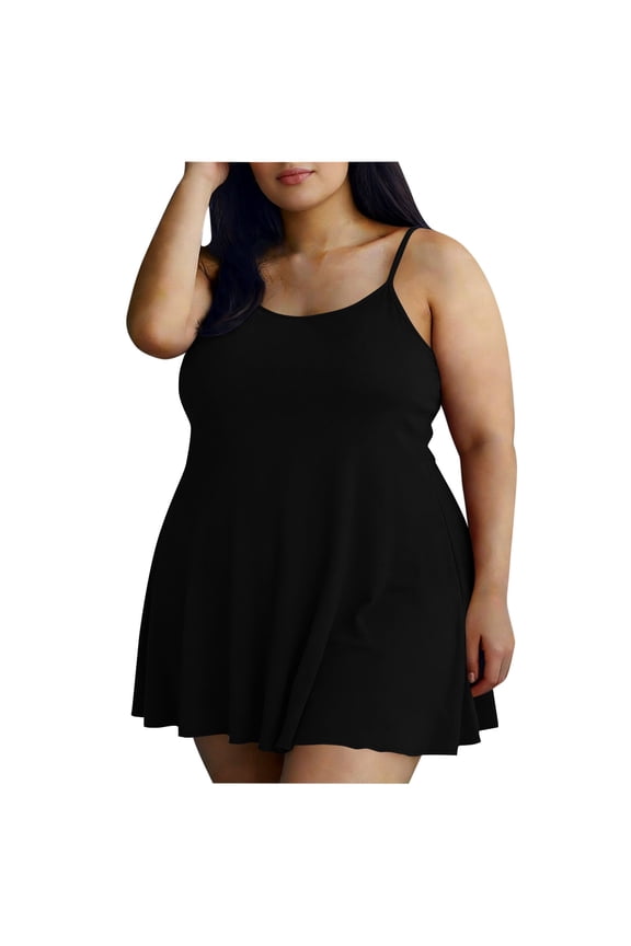 Women's Plus Size Slip Dress Adjustable Spaghetti Strap Dresses Cami Crew Neck Cami Long Under Dress,Black