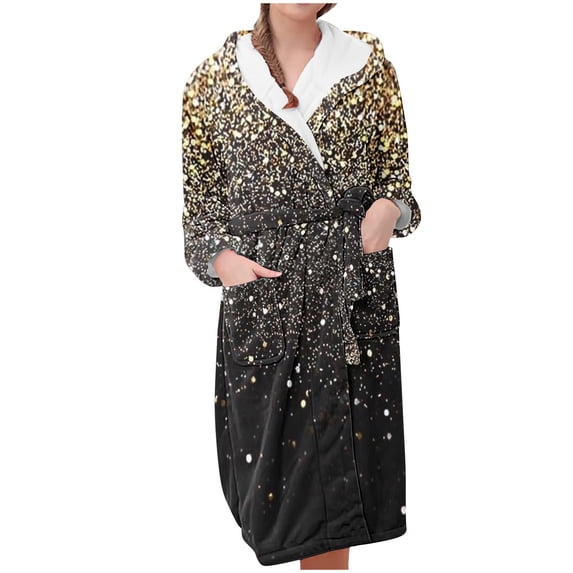 ZQUUVOU Women's Plush Hooded Bathrobes Casual Printed Flannel Hooded Fleece Fuzzy Pajamas Robes Long Pajamas with Pocket Gold