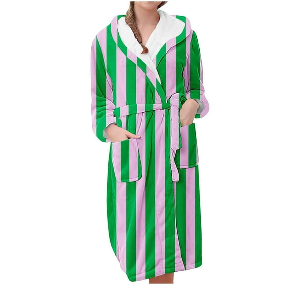 TEAJOPSUU Women's Plush Hooded Bathrobes Casual Printed Flannel Hooded Fleece Fuzzy Pajamas Robes Long Pajamas with Pocket Green B
