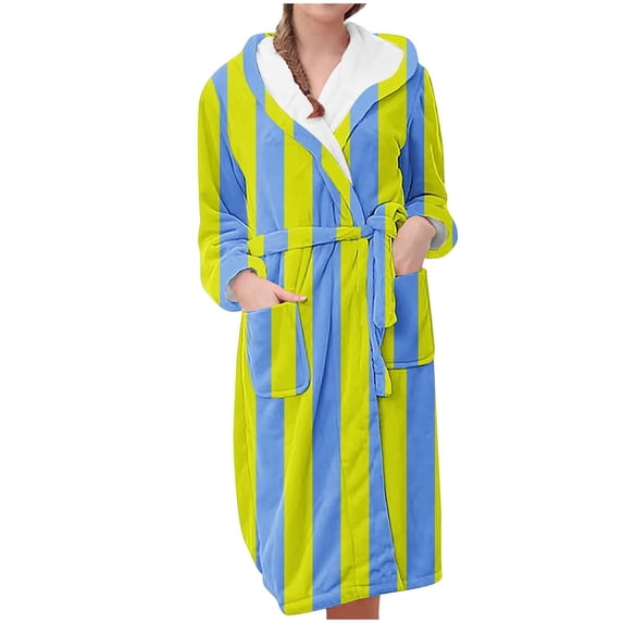 ZQUUVOU Women's Plush Hooded Bathrobes Casual Printed Flannel Hooded Fleece Fuzzy Pajamas Robes Long Pajamas with Pocket Yellow B