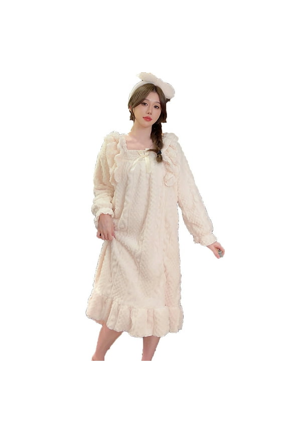 Women's Plush Princess Nightgowns Fall Winter Fleece Warm Pajamas Set Flowers Print Long Sleeve Sleeper with Pocket Beige