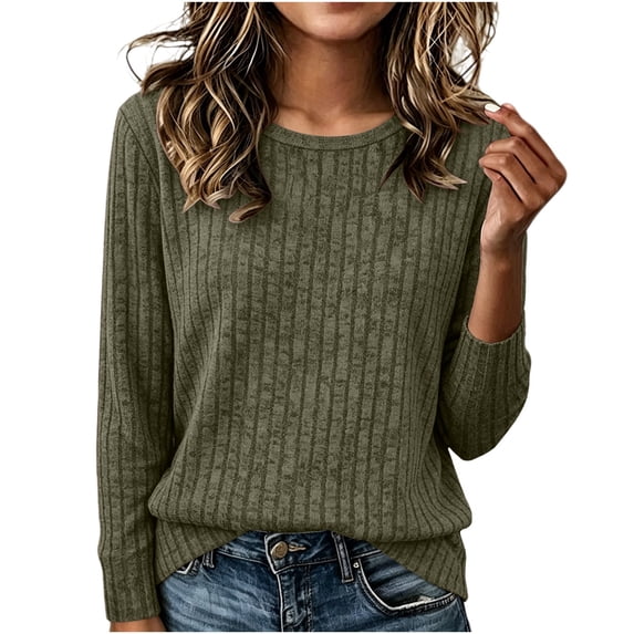TEAJOPSUU Women's Pullover Sweatshirts Striped Long Sleeve Crew Neck Sweaters Fall Winter Soft Casual Clothes Loose Fit Olive Green