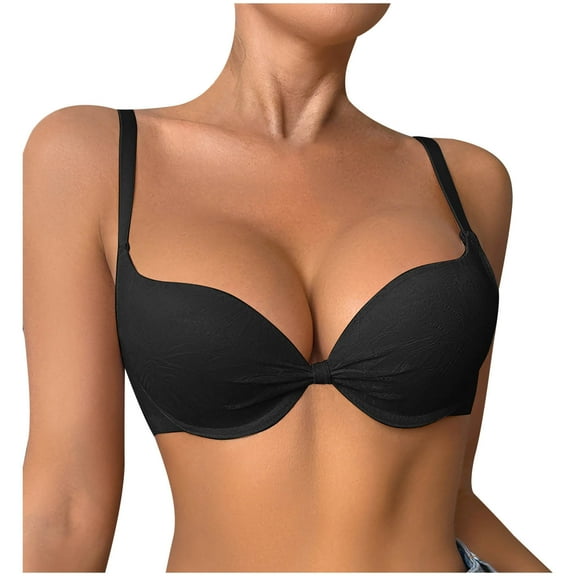 TEAJOPSUU Women's Push Up T-Shirt Bra Demi Cup Bra Supportive No Underwire Bras Comfy Plunge Full Coverage A-Black