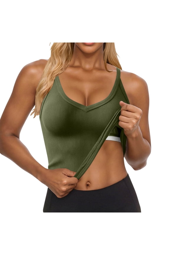 Women's Ribbed Cami Tops V Neck with Built-In Padded Bra Sleeveless Racerback Versatile Tank Solid COlor Slim Fit Summer Daily Shirt Olive Green