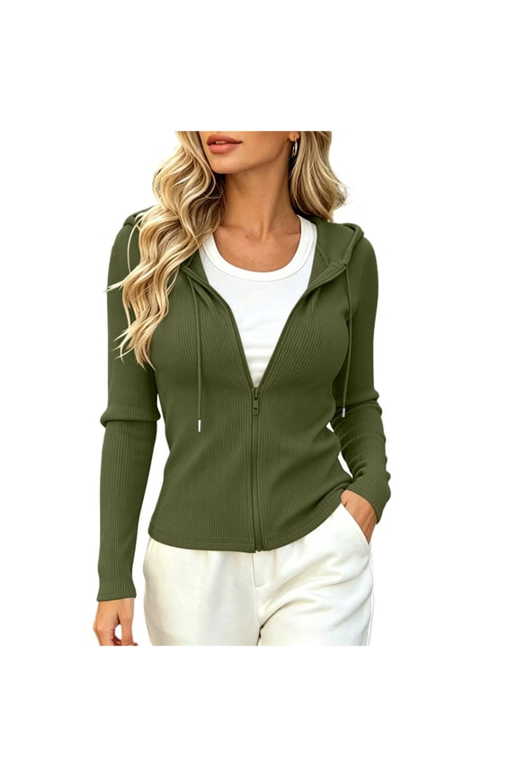 Women's Ribbed Cropped Jackets Slim Fit Full Zip Long Sleeve Drawstring Jackets Comfy Soft Blouses Loungewear Fall Winter Olive Green