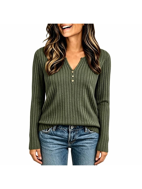 Women's Ribbed Long Sleeve Henley Tops V Neck Button Front Slim Fit Shirts Solid Color Casual Blouses for Fall Winter Olive Green