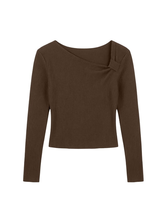 Women's Ribbed Tops Slim Fitted Long Sleeve Y2K Asymmetrical Neck Cropped Tops Casual Trendy Fall Winter Basic Knitted Clothing Brown