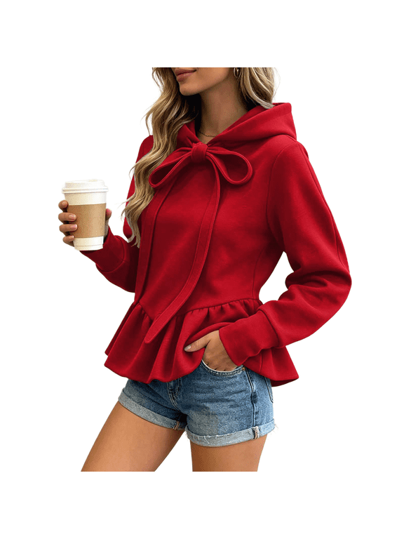 Women's Ruffle Hem Hoodies Long Sleeve Bow Drawstring Hooded Sweatshirts Casual Pullover Fall Sweatshirts Red
