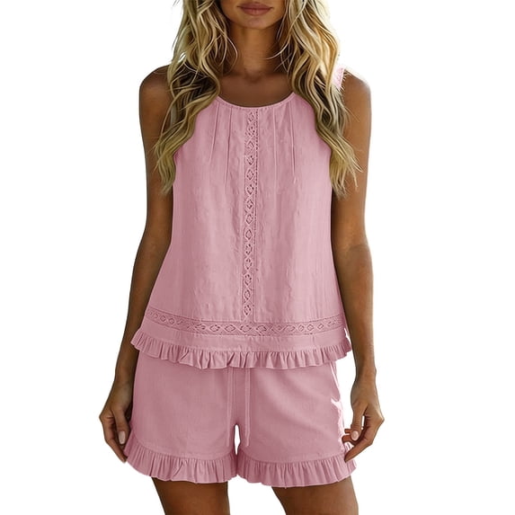 TEAJOPSUU Women's Ruffle Trim 2 Piece Outfit Lounge Sets Sleeveless Crew Neck Top Drawstring Ruffle Shorts 2PC Sets Relaxed Fit Casual Pajama Outfit Pink