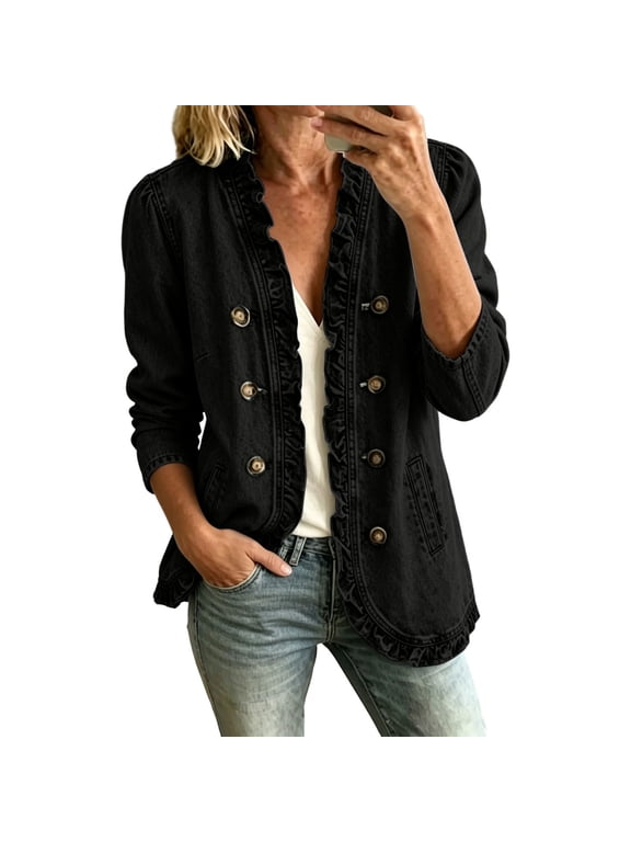 Women's Ruffle Trim Denim Jackets Open Front Double Breasted Button Long Sleeve Jean Cardigan Sweater Relaxed Fit Casual Cardigan Jackets Black