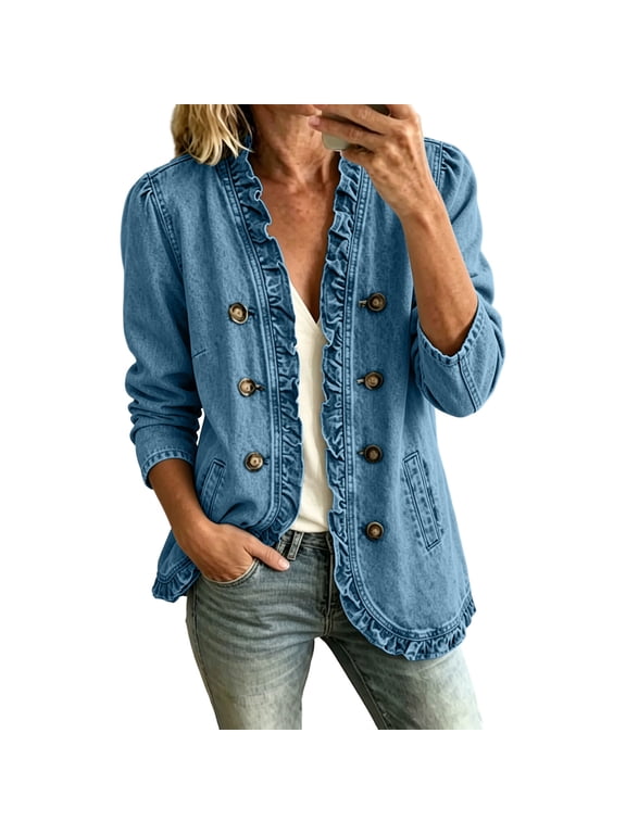 Women's Ruffle Trim Denim Jackets Open Front Double Breasted Button Long Sleeve Jean Cardigan Sweater Relaxed Fit Casual Cardigan Jackets Sky Blue