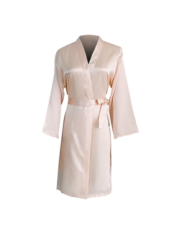 Women's Satin Kimono Robe Feather Trim Silk Robes Bridesmaid Robes Bridal Party Sleepwear Gown Wedding Makeup Robes Beige A