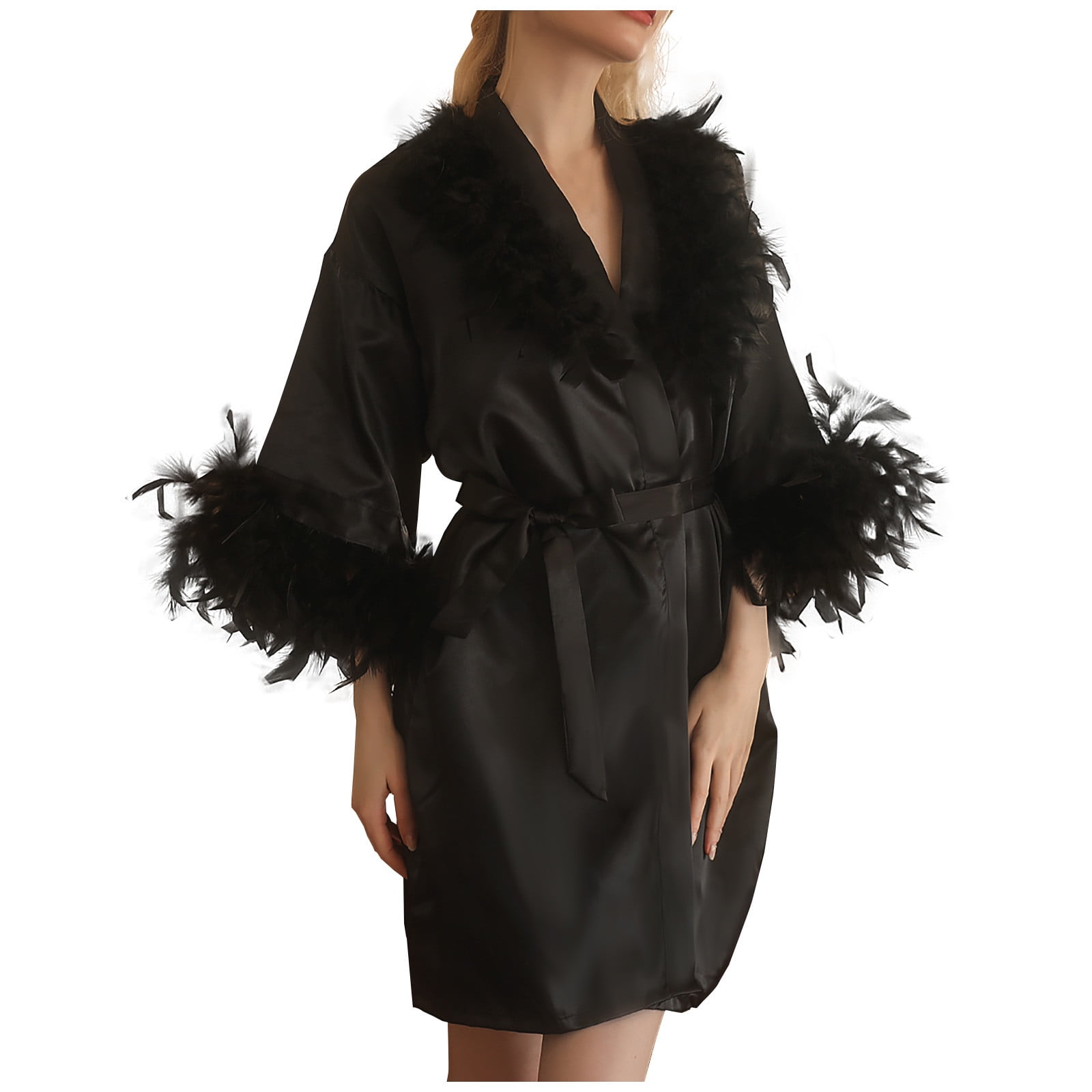 TEAJOPSUU Women's Satin Kimono Robe Feather Trim Silk Robes Bridesmaid ...