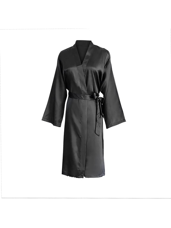 TEAJOPSUU Women's Satin Kimono Robe Feather Trim Silk Robes Bridesmaid Robes Bridal Party Sleepwear Gown Wedding Makeup Robes Black B