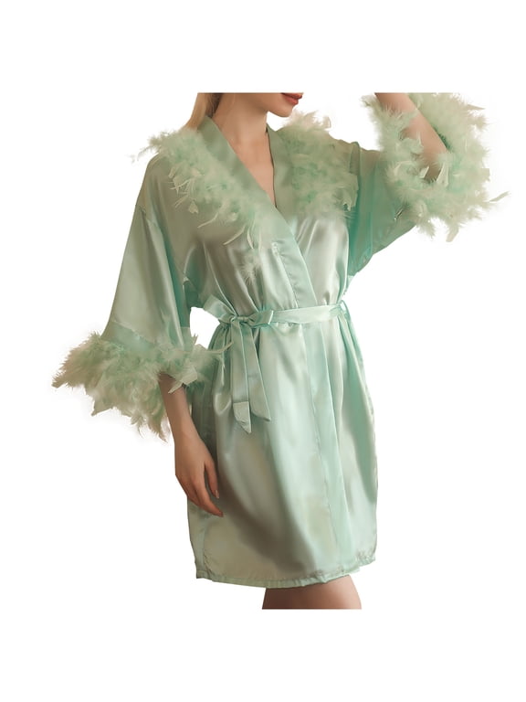 Women's Satin Kimono Robe Feather Trim Silk Robes Bridesmaid Robes Bridal Party Sleepwear Gown Wedding Makeup Robes Green