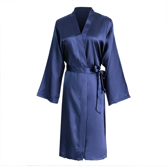 TEAJOPSUU Women's Satin Kimono Robe Feather Trim Silk Robes Bridesmaid Robes Bridal Party Sleepwear Gown Wedding Makeup Robes Navy