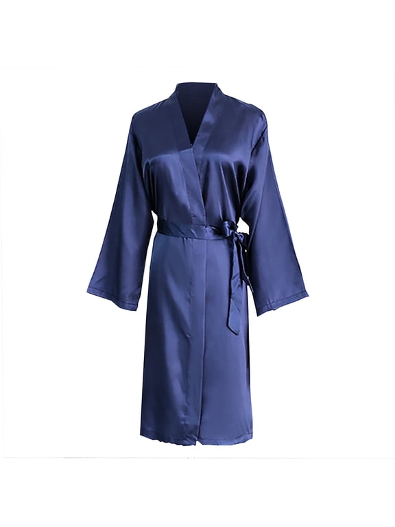 TEAJOPSUU Women's Satin Kimono Robe Feather Trim Silk Robes Bridesmaid Robes Bridal Party Sleepwear Gown Wedding Makeup Robes Navy