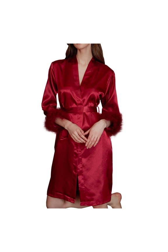 TEAJOPSUU Women's Satin Kimono Robe Feather Trim Silk Robes Bridesmaid Robes Bridal Party Sleepwear Gown Wedding Makeup Robes Red C