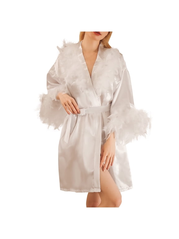 TEAJOPSUU Women's Satin Kimono Robe Feather Trim Silk Robes Bridesmaid Robes Bridal Party Sleepwear Gown Wedding Makeup Robes White A