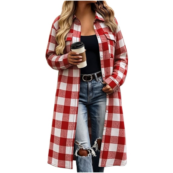 TEAJOPSUU Women's Shackets Plaid Long Button Down Shirt Jackets with Pockets Fall Trendy Oversized Thick Coat Red