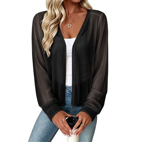 TEAJOPSUU Women's Sheer Chiffon Cardigans Open Front Puff Long Sleeve Crop Cardigans Comfy Breathable Lightweight Outerwear Sweaters Black