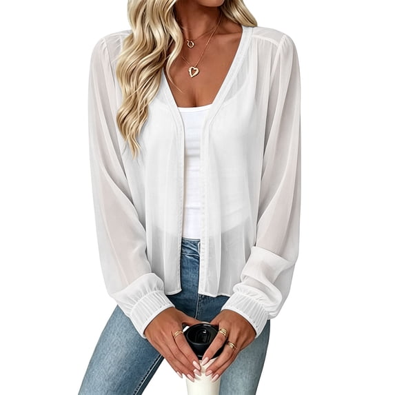 TEAJOPSUU Women's Sheer Chiffon Cardigans Open Front Puff Long Sleeve Crop Cardigans Comfy Breathable Lightweight Outerwear Sweaters White