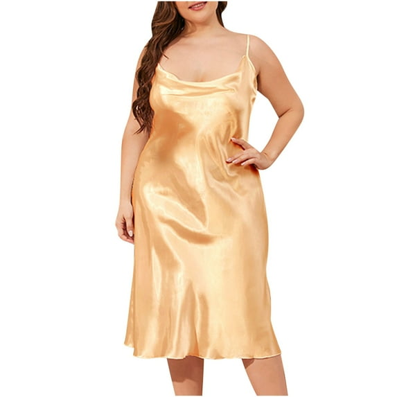 TEAJOPSUU Women's Silk Nightgown Plus Size Slip Nightdress Sleeveless Solid Color Comfortable Mid Calf Sleepwear Sleepdress Gold