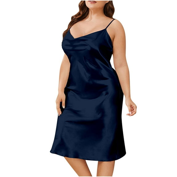 TEAJOPSUU Women's Silk Nightgown Plus Size Slip Nightdress Sleeveless Solid Color Comfortable Mid Calf Sleepwear Sleepdress Navy