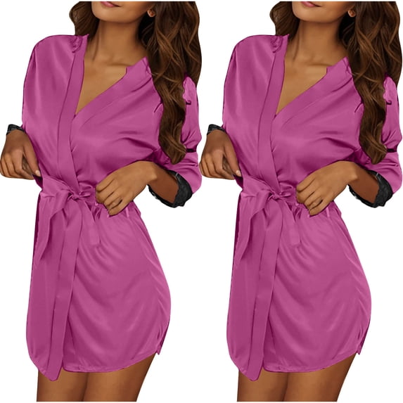 ZQUUVOU Women's Silk Robes 2Pcs Satin Robe Kimonos Bridesmaid Bride Bathrobes Sleepwear Loungewear Wedding Robes Purple A