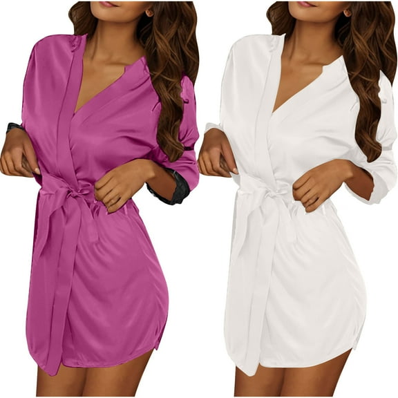TEAJOPSUU Women's Silk Robes 2Pcs Satin Robe Kimonos Bridesmaid Bride Bathrobes Sleepwear Loungewear Wedding Robes White E