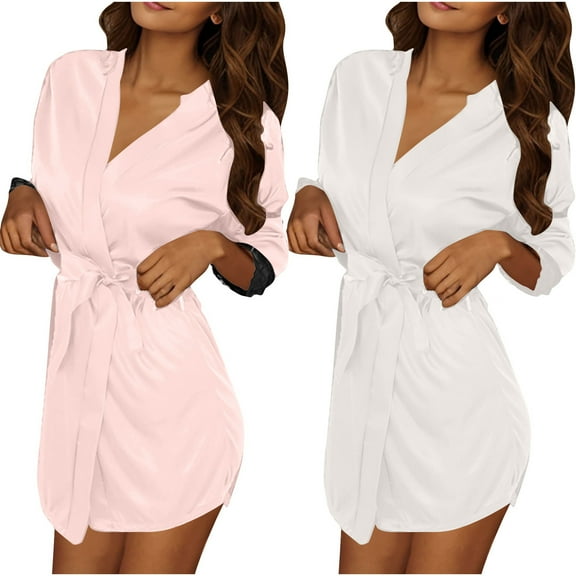 TEAJOPSUU Women's Silk Robes 2Pcs Satin Robe Kimonos Bridesmaid Bride Bathrobes Sleepwear Loungewear Wedding Robes White G