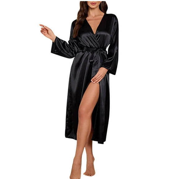 TEAJOPSUU Women's Silk Robes Satin Long Sleeve Silk Bathrobe Soft Lightweight Sleepwear Bridesmaid Wedding Party Robes Black