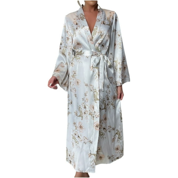 TEAJOPSUU Women's Silk Robes Vintage Trendy Floral Printed Satin Robes Soft Lightweight Bathrobe Bridesmaid Wedding Party Robes White A