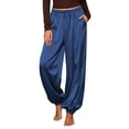 thumbnail image 1 of TEAJOPSUU Women's Silky Satin Joggers Drawstring Elastic Waist Side Pants with Pockets Elegant Lounge Tapered Legs Pants Navy, 1 of 9