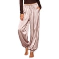 thumbnail image 1 of TEAJOPSUU Women's Silky Satin Joggers Drawstring Elastic Waist Side Pants with Pockets Elegant Lounge Tapered Legs Pants Pink, 1 of 9